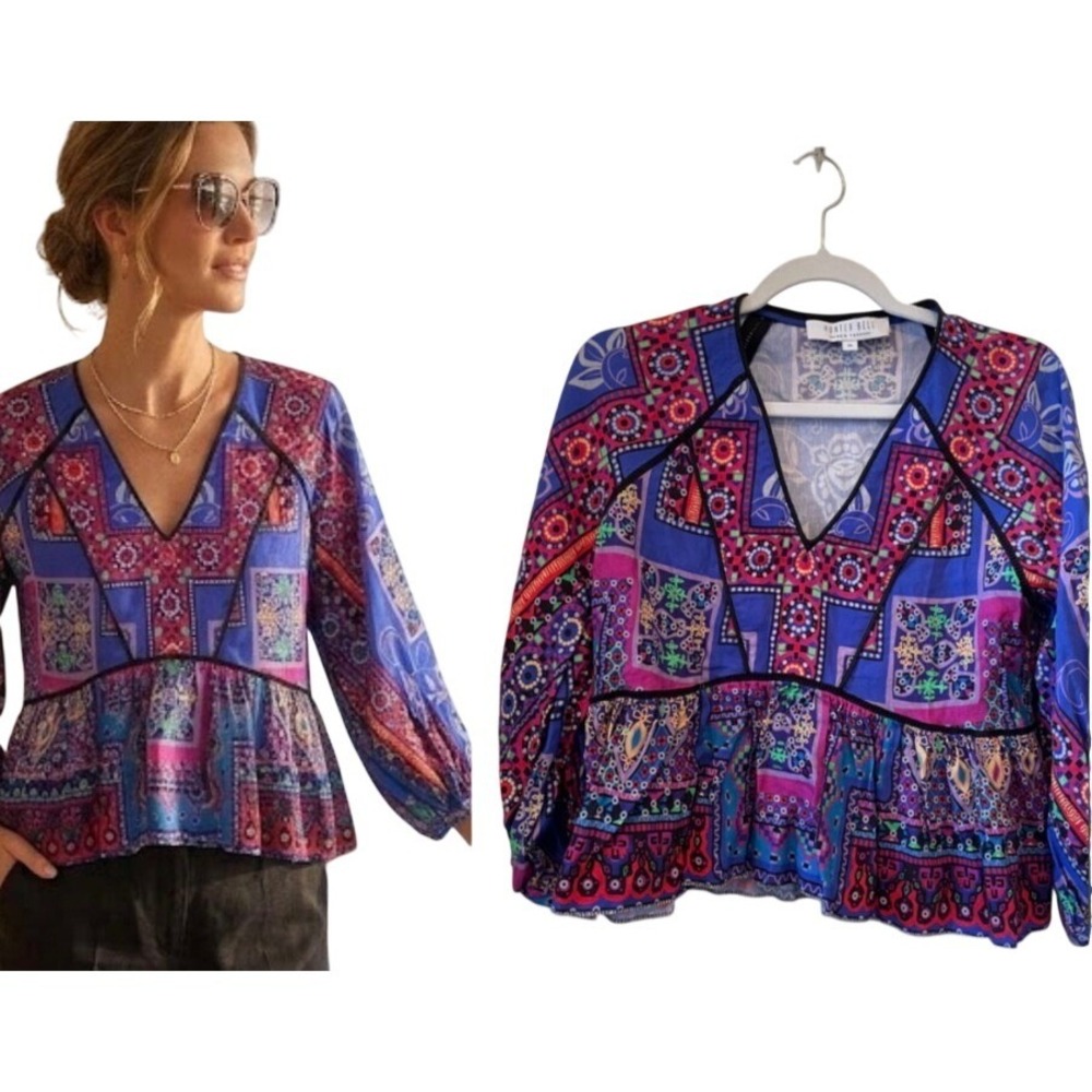 Hunter Bell NY Size M Grayson Linen Blend Boho Print Top Resort Summer Vacation
